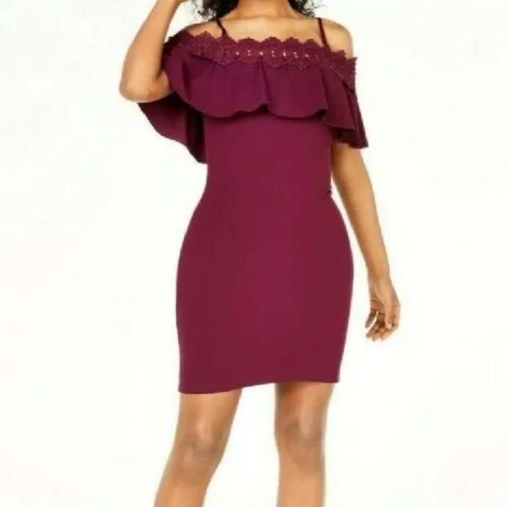 BCX Holiday Mini Dress Crochet Lace Wine Off Shoulder Stretchy Woman Plus 3X New
